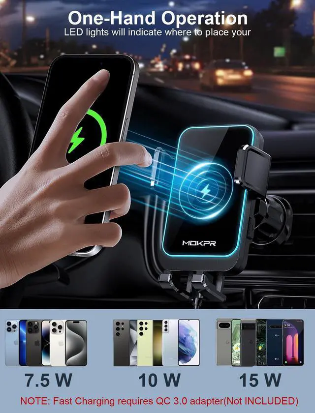 Alt view image 5 of 6 - Wireless Car Charger, MOKPR 15W Fast Charging Auto Clamping Dashboard Windshield Air Vent Car Phone Holder Car Charger for iPhone 16 15/14/13/12 Pro Max Plus, Samsung S23/S22/S21,etc