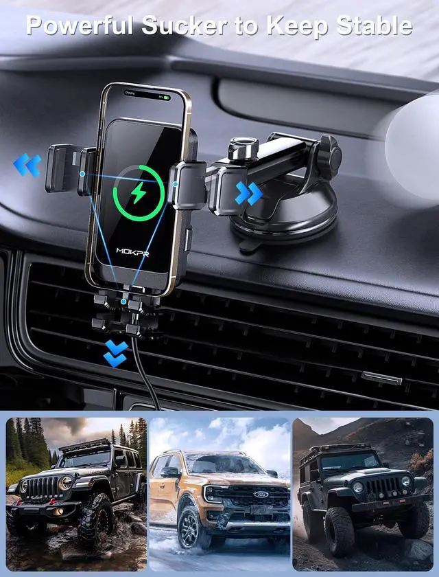 Alt view image 4 of 6 - Wireless Car Charger, MOKPR 15W Fast Charging Auto Clamping Dashboard Windshield Air Vent Car Phone Holder Car Charger for iPhone 16 15/14/13/12 Pro Max Plus, Samsung S23/S22/S21,etc