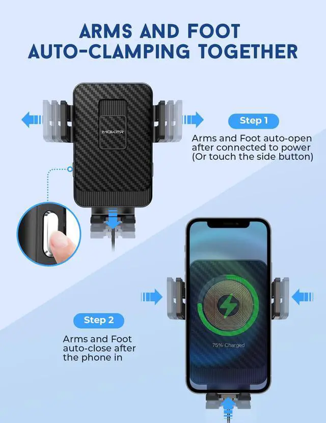 Alt view image 2 of 6 - Wireless Car Charger, MOKPR 15W Fast Charging Car Mount Auto-Clamping Car Charger, Dashboard Windshield Phone Holder Compatible with iPhone 16 15/14/13/13 Pro/12 Pro12/11/X, Samsung S23/S22/S10/S9/S8