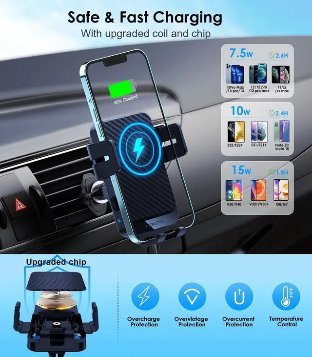 Alt view image 2 of 7 - Wireless Car Charger, MOKPR 15W Fast Charging Auto-Clamping Car Charger Phone Mount Air Vent Cell Phone Holder for iPhone 16/15/14/13/13 Pro/12 pro/12/11, for Samsung Galaxy S23/S22/S21/S20, etc
