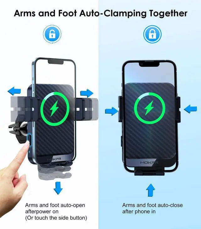 Alt view image 3 of 7 - Wireless Car Charger, MOKPR 15W Fast Charging Auto-Clamping Car Charger Phone Mount Air Vent Cell Phone Holder for iPhone 16/15/14/13/13 Pro/12 pro/12/11, for Samsung Galaxy S23/S22/S21/S20, etc