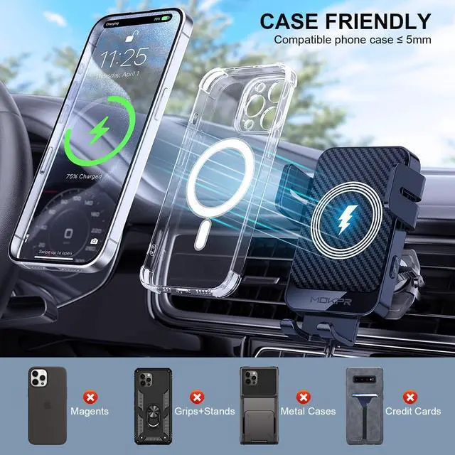 Alt view image 6 of 7 - Wireless Car Charger, MOKPR 15W Fast Charging Auto-Clamping Car Charger Phone Mount Air Vent Cell Phone Holder for iPhone 16/15/14/13/13 Pro/12 pro/12/11, for Samsung Galaxy S23/S22/S21/S20, etc