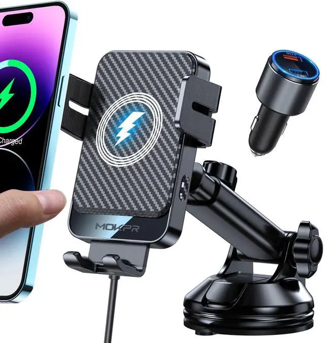 Main image of Wireless Car Charger, MOKPR 15W Fast Charging Auto-Clamping Car Mount Universal Hands-Free Car Charger Mount for Dash Windshield Air Vent Compatible with iPhone 15/14/13/12, Samsung S23/S22/S21 Black
