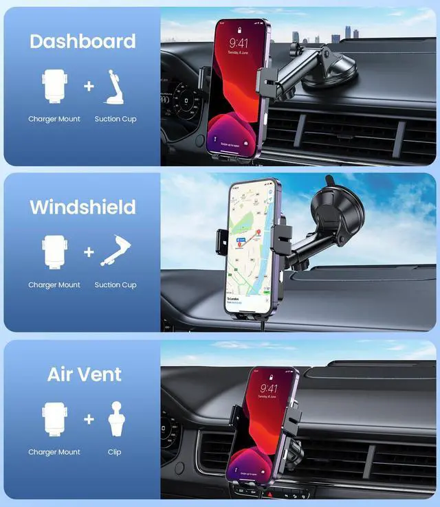 Alt view image 2 of 7 - Wireless Car Charger, MOKPR 15W Fast Charging Auto-Clamping Car Mount Universal Hands-Free Car Charger Mount for Dash Windshield Air Vent Compatible with iPhone 15/14/13/12, Samsung S23/S22/S21 Black