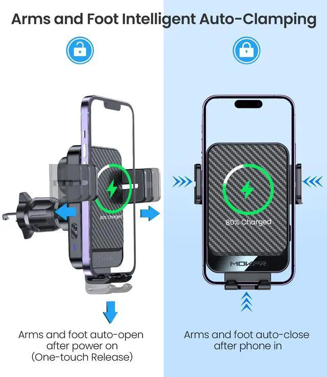 Alt view image 3 of 7 - Wireless Car Charger, MOKPR 15W Fast Charging Auto-Clamping Car Mount Universal Hands-Free Car Charger Mount for Dash Windshield Air Vent Compatible with iPhone 15/14/13/12, Samsung S23/S22/S21 Black
