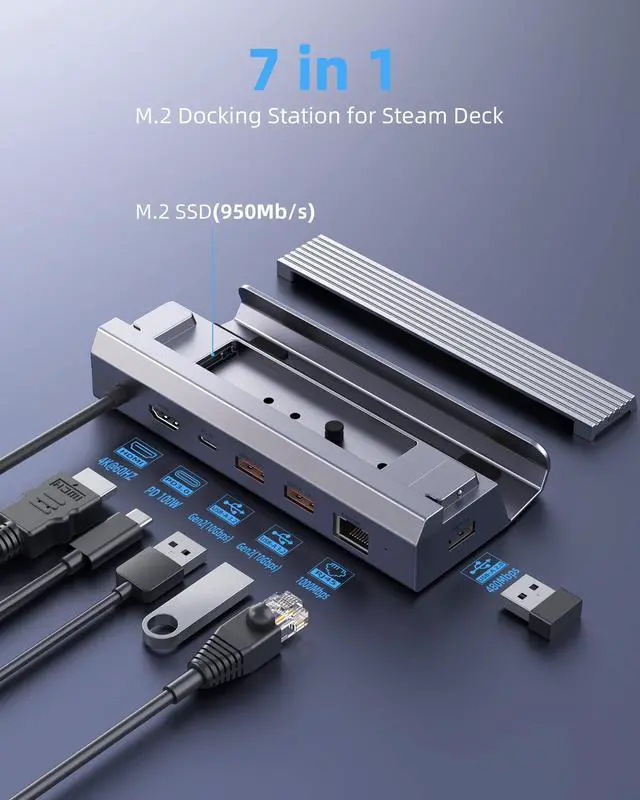 Alt view image 4 of 7 - M.2 Steam Deck Dock, Steam Deck Stand(6-in-1) with HDMI 2.0 4K@60Hz, Gigabit Ethernet 1000Mbps, 10Gbps USBA 3.2, 100W USB C PD Charging, USB 2.0, 10Gbps Docking Station for Valave Steam Deck/ROG Alloy