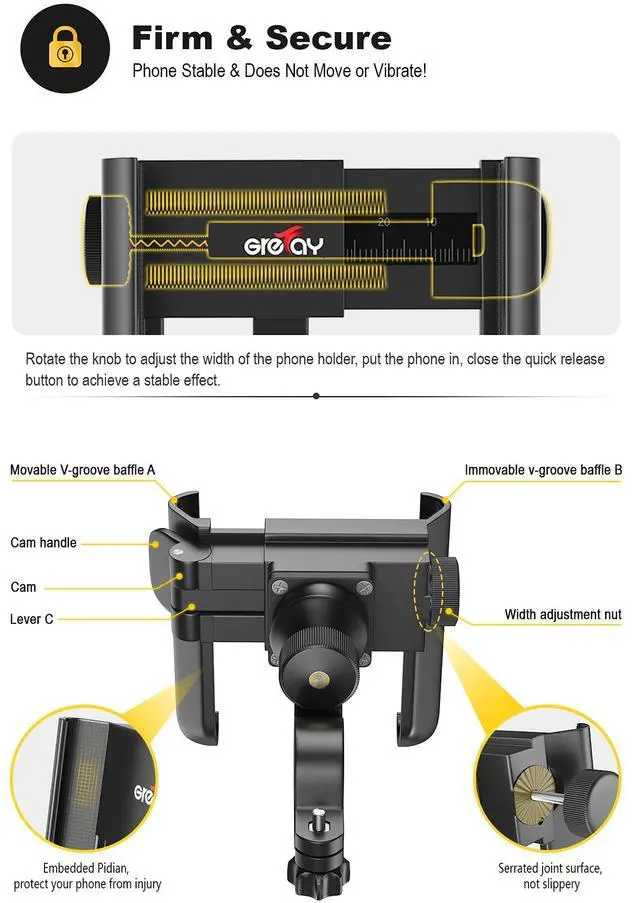 Alt view image 5 of 7 - Grefay Bike Phone Mount Universal Motorcycle Handlebar Phone Holder 1S Quick Release Anti Shake Bicycle Phone Clamp for Road Bike/MTB/Scooter with 360 Rotation for 3.5-7.0 inches Smartphone
