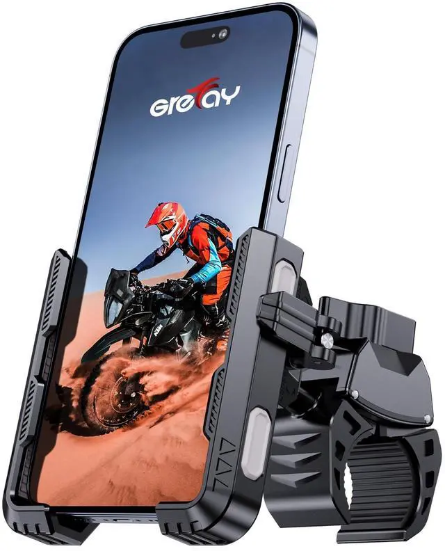 Main image of Bike Phone Mount for Electric, Mountain, Scooter, and Dirt Bikes [Camera Friendly] [1s Lock] Universal 360° Bicycle Handlebar Holder for iPhone 15/14/13 Samsung S23/S22 4.5-7" Smartphone (Grey)