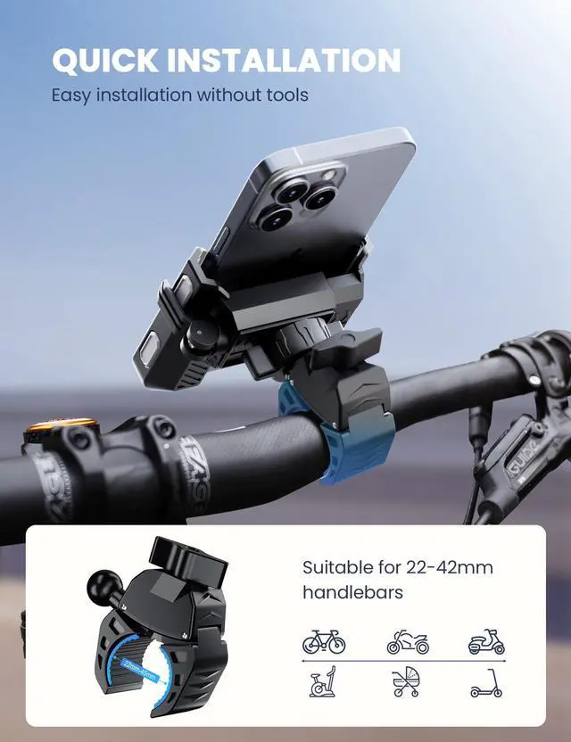 Alt view image 5 of 7 - Bike Phone Mount for Electric, Mountain, Scooter, and Dirt Bikes [Camera Friendly] [1s Lock] Universal 360° Bicycle Handlebar Holder for iPhone 15/14/13 Samsung S23/S22 4.5-7" Smartphone (Grey)