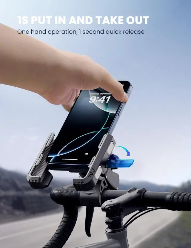 Alt view image 2 of 7 - Bike Phone Mount for Electric, Mountain, Scooter, and Dirt Bikes [Camera Friendly] [1s Lock] Universal 360° Bicycle Handlebar Holder for iPhone 15/14/13 Samsung S23/S22 4.5-7" Smartphone (Grey)