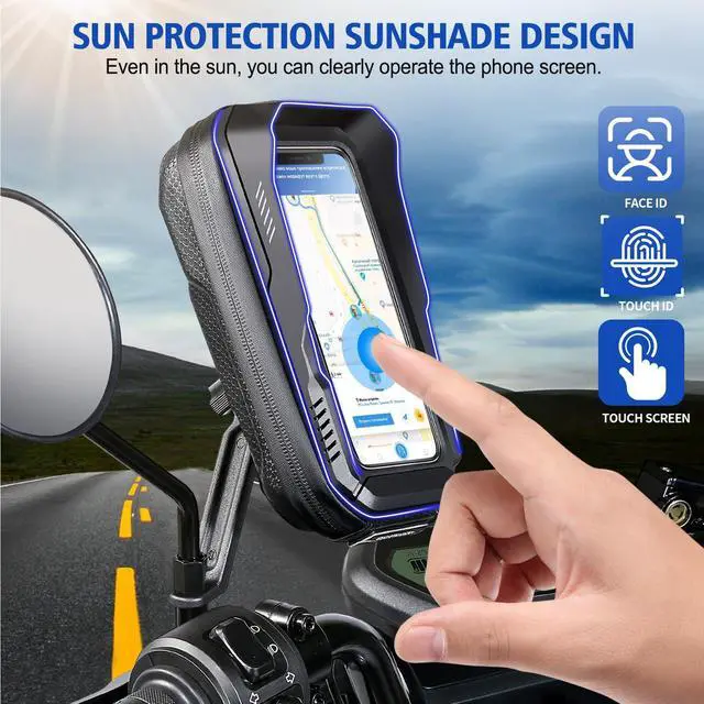 Alt view image 3 of 7 - BKNOOU Motorcycle Phone Holder Waterproof Motorcycle Cell Phone Mount 360°Rotation Anti-Shake Upgrade Sun Visor Rain Cover Rearview Mirror Phone Holder Motorbike for Smartphone 4.5" to 6.9"