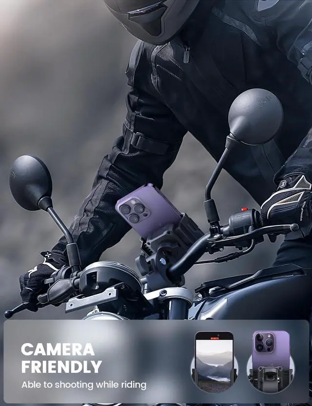 Alt view image 2 of 7 - Lamicall Motorcycle Phone Mount Holder - [Camera Friendly] [1s Lock] Bike Phone Holder Handlebar Clamp, Bicycle Scooter Phone Clip, for iPhone Air, 17, 16, 15 Pro Max, Galaxy S25 Ultra, 4.7-7" Phones