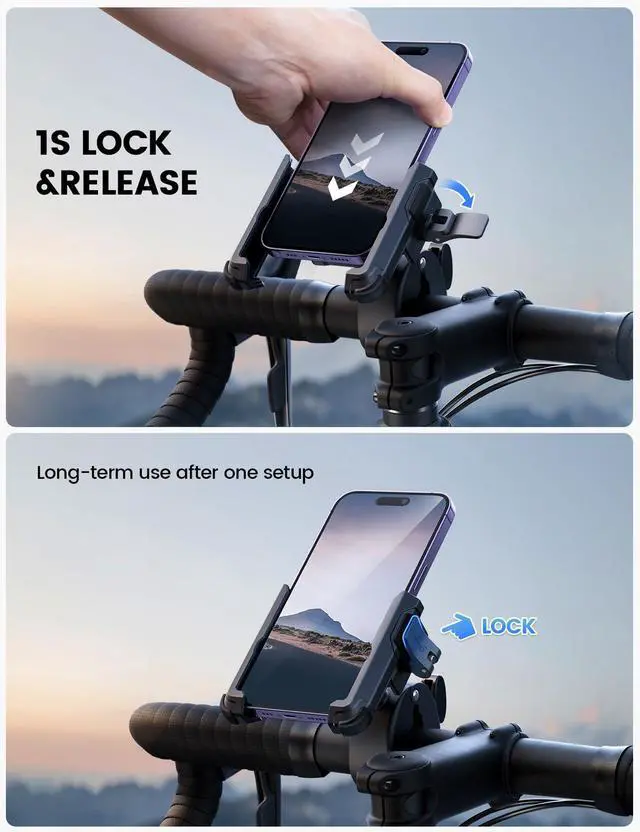 Alt view image 4 of 7 - Lamicall Motorcycle Phone Mount Holder - [Camera Friendly] [1s Lock] Bike Phone Holder Handlebar Clamp, Bicycle Scooter Phone Clip, for iPhone Air, 17, 16, 15 Pro Max, Galaxy S25 Ultra, 4.7-7" Phones