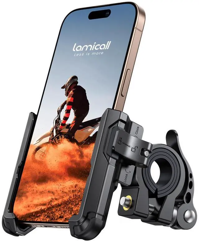 Main image of Lamicall Motorcycle Bike Phone Mount - [No Block Camera] [1s Lock] Bike Cell Phone Holder Clamp, Bicycle Scooter Handlebar Clip, for iPhone 17 16 15 14 Pro Max, Galaxy S25 S24 Ultra, 4.7-7" Phones