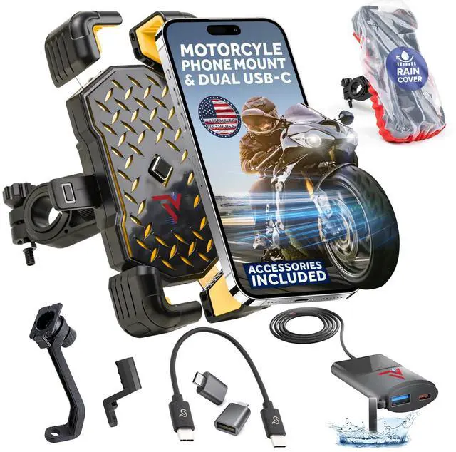 Main image of Motorcycle Phone Mount with USB Charger (3.257") Waterproof Cell Phone Holder for Motorcycle, ATV, Snowmobile 12V Dual USB-C Fast Charging Includes Mirror Mount & Rain Cover