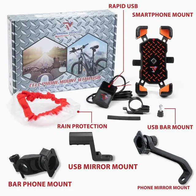 Alt view image 2 of 7 - Motorcycle Phone Mount with USB Charger (3.257") Waterproof Cell Phone Holder for Motorcycle, ATV, Snowmobile 12V Dual USB-C Fast Charging Includes Mirror Mount & Rain Cover