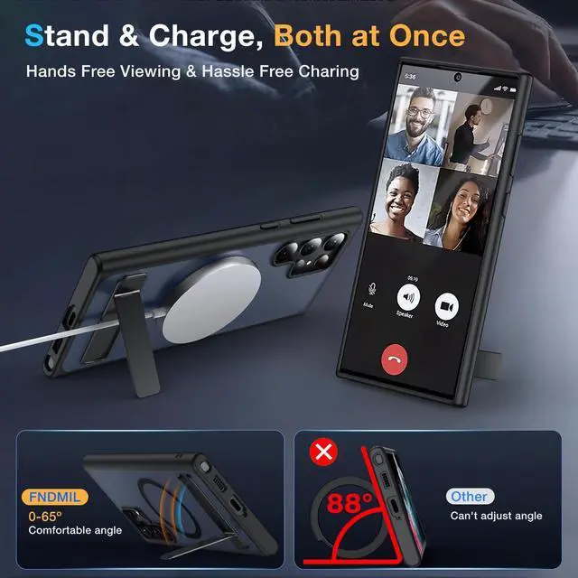 Alt view image 2 of 7 - FNDMIL for Samsung Galaxy S22 Ultra Case with MagSafe [Adjustable Kickstand] [Charge While Standing] [Military Shockproof] Translucent Matte Soft Silicone Bumper for S22 Ultra Phone Case Slim, Black