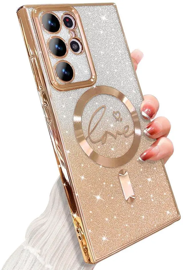 Main image of ZONRW for Samsung Galaxy S22 Ultra Case Magnetic,for Women Girl Soft Cute Luxury Love Heart Plating Bling Gradient Glitter Phone Case Compatible with MagSafe Clear Shockproof Back Cover 6.8-Gold