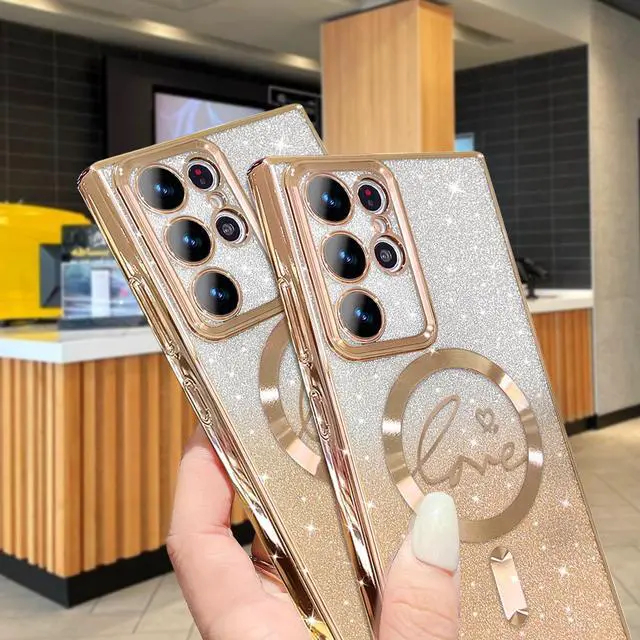 Alt view image 6 of 6 - ZONRW for Samsung Galaxy S22 Ultra Case Magnetic,for Women Girl Soft Cute Luxury Love Heart Plating Bling Gradient Glitter Phone Case Compatible with MagSafe Clear Shockproof Back Cover 6.8-Gold