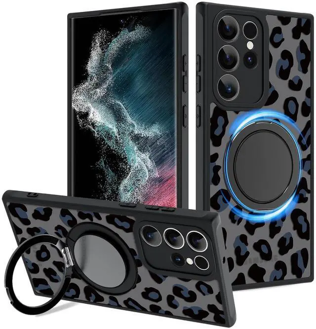 Main image of Fiyart Designed for Samsung Galaxy S22 Ultra Case Leopard Ring Holder Kickstand Magnetic Bumper Compatible with MagSafe Camera Lens Protection for Women Men Cheetah Print 6.8"-Black