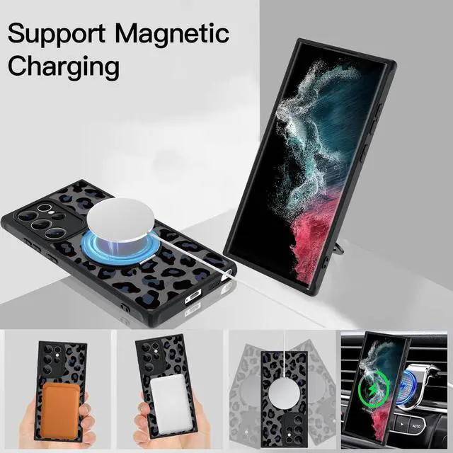 Alt view image 3 of 7 - Fiyart Designed for Samsung Galaxy S22 Ultra Case Leopard Ring Holder Kickstand Magnetic Bumper Compatible with MagSafe Camera Lens Protection for Women Men Cheetah Print 6.8"-Black