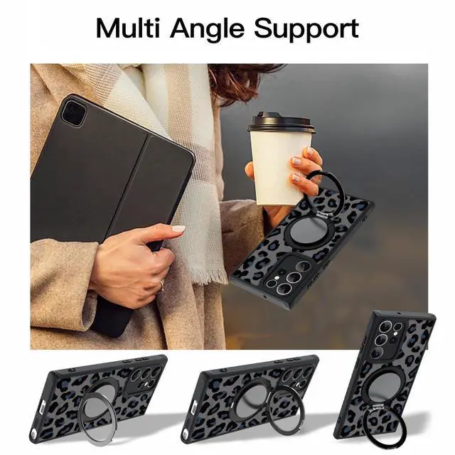 Alt view image 4 of 7 - Fiyart Designed for Samsung Galaxy S22 Ultra Case Leopard Ring Holder Kickstand Magnetic Bumper Compatible with MagSafe Camera Lens Protection for Women Men Cheetah Print 6.8"-Black