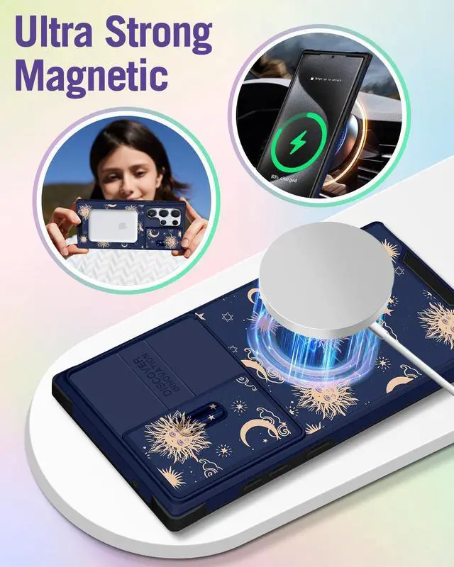 Alt view image 4 of 6 - Buleens for Samsung Galaxy S22 Ultra Case 6.8 Inch - with Ring Stand & Camera Cover Aesthetic Cute Designed Women Girls Girly Sun Moon Stars for Samsung S22 Ultra Case Compatible with Magsafe