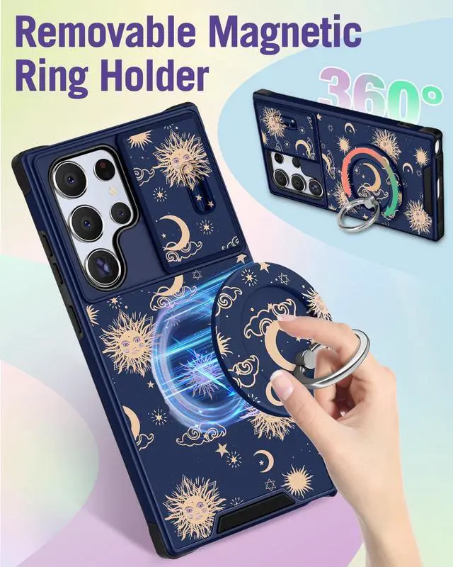Alt view image 5 of 6 - Buleens for Samsung Galaxy S22 Ultra Case 6.8 Inch - with Ring Stand & Camera Cover Aesthetic Cute Designed Women Girls Girly Sun Moon Stars for Samsung S22 Ultra Case Compatible with Magsafe