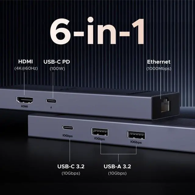 Alt view image 2 of 7 - UGREEN Revodok Pro 6 in 1 USB C Hub Gigabit Ethernet Adapter with 4K 60Hz HDMI, 100W PD Charging, 10Gbps USB A&C 3.2 Data Ports Compatible with Mac M1, M2, M3, iPad, iPhone 16 Pro/Pro Max, Steam Deck