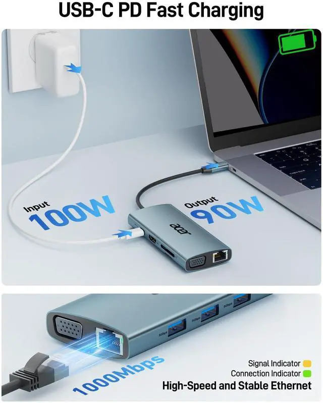 Alt view image 4 of 7 - USB C Hub with 4k HDMI, 9-in-1 USB C to Ethernet Adapter, 5Gbps USBA 3.0 Docking Station, VGA Splitter, SD Card Reader, PD 100W Charging for MacBook, Acer, Laptops, Surface and More