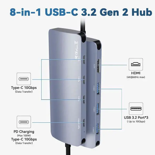 Alt view image 2 of 7 - USB C to USB Hub 8-in-1 with 4K@60Hz HDMI, 3 USB-C 3.2 Gen2 10Gbps, 3 USB A 3.2 10Gbps Ports,100W Power Delivery with 10Gbps Data, USB-C Hub Multiport Adapter for MacBook Pro and More Type C Devices