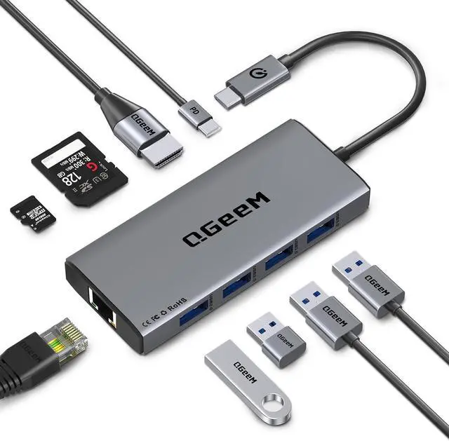 Main image of QGeeM USB C Hub Ethernet,9 in 1 USB Type C Hub HDMI Multi-Port Converter Adapter,100W Pd, USB 3.0,SD/TF Card Reader,Compatible for MacBook Pro Air Ipad HP Dell Lenovo Chromebook etc.