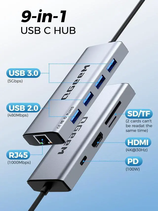 Alt view image 2 of 7 - QGeeM USB C Hub Ethernet,9 in 1 USB Type C Hub HDMI Multi-Port Converter Adapter,100W Pd, USB 3.0,SD/TF Card Reader,Compatible for MacBook Pro Air Ipad HP Dell Lenovo Chromebook etc.
