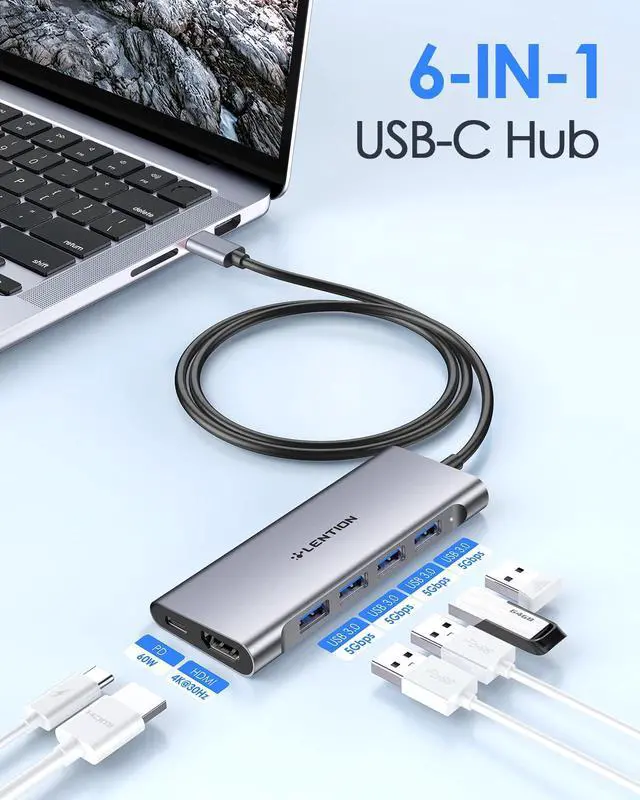 Alt view image 2 of 6 - LENTION USB C Hub, 6-in-1 USB C Dongle with 3.3ft Long Cable, 4-Port USB 3.0 Hub, 4K HDMI Adapter, 100W PD Charging, for MacBook Pro/Air, Dell XPS, HP, Chromebook, Steam Deck (C35-1M, Space Gray)