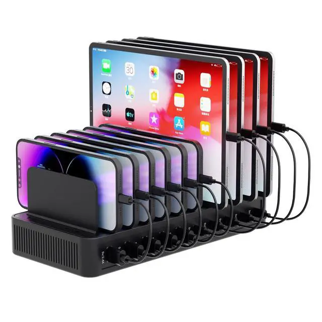 Main image of 60W Charging Station for Multiple Devices, 10-Port USB Fast Charging Station with Adjustable Dividers - Device Organizer Charging Dock for iPhone, Android, iPad, Tablets & More