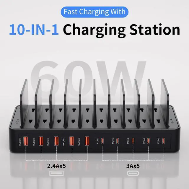 Alt view image 2 of 7 - 60W Charging Station for Multiple Devices, 10-Port USB Fast Charging Station with Adjustable Dividers - Device Organizer Charging Dock for iPhone, Android, iPad, Tablets & More