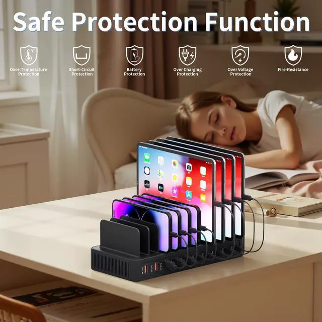 Alt view image 3 of 7 - 60W Charging Station for Multiple Devices, 10-Port USB Fast Charging Station with Adjustable Dividers - Device Organizer Charging Dock for iPhone, Android, iPad, Tablets & More