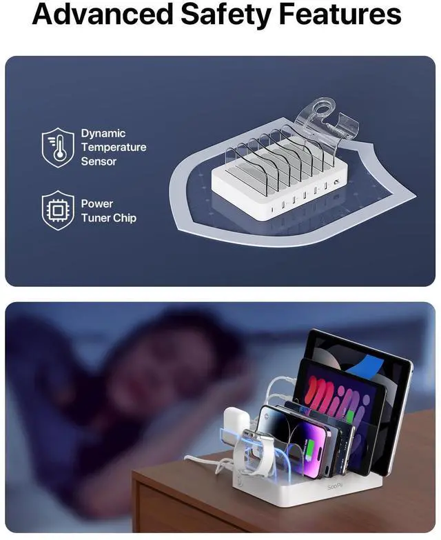 Alt view image 7 of 7 - SooPii 60W 6-Port Charging Station for Multiple Devices, PD 20W USB C Fast Charging for lPhone 14/13/12,6 Short Cables Included, 2 in 1 Holder,for Phones,Tablets and Others,White