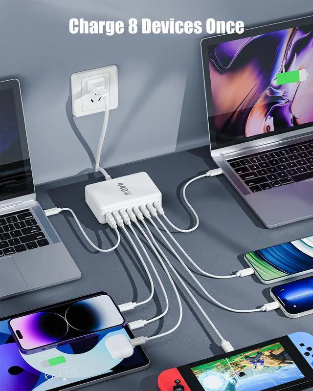 Alt view image 2 of 7 - USB C Charger Block 440W Charging Station Hub,8 Port GaN III Fast Charging Brick with 5ft Extension Cord,PD QC PPS 100W Laptop Power Adapter for MacBook Pro/Air,iPhone 17/16/15,Samsung Galaxy,Dell etc