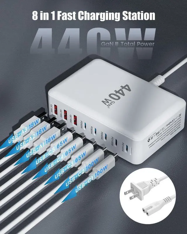 Alt view image 4 of 7 - USB C Charger Block 440W Charging Station Hub,8 Port GaN III Fast Charging Brick with 5ft Extension Cord,PD QC PPS 100W Laptop Power Adapter for MacBook Pro/Air,iPhone 17/16/15,Samsung Galaxy,Dell etc