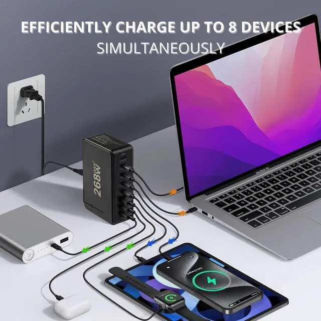 Alt view image 2 of 7 - 268W GaN USB Type C Charger 8 Ports Fast Charging Station PD QC4.0, USB C Laptop Charger Compatible with MacBook Pro/Air, iPads, Samsung Galaxy Note, iPhone 16/15/14/13/12 Mini/Pro/Pro Max