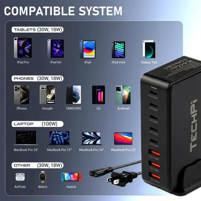 Alt view image 4 of 7 - 268W GaN USB Type C Charger 8 Ports Fast Charging Station PD QC4.0, USB C Laptop Charger Compatible with MacBook Pro/Air, iPads, Samsung Galaxy Note, iPhone 16/15/14/13/12 Mini/Pro/Pro Max