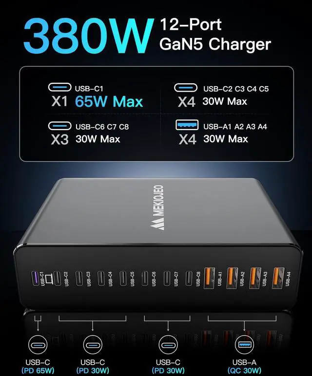 Alt view image 4 of 6 - Aluminum Alloy 380W Charging Station Fast USB C Charger Block 12 Ports 65W Laptop GaN Charger for MacBook Pro/Air/iPad Pro/iPhone (Gray)