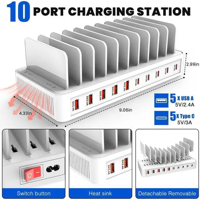 Alt view image 3 of 7 - RISWOJOR Charging Station for Multiple Devices, 100W 10 Ports Flat Plug Charging Dock with 10 Cables Smart IC Tech and Adjustable Dividers Type-CMulti USB Charger for iPhone Galaxy iPad TabletWhite