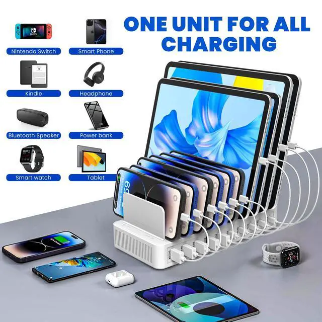Alt view image 5 of 7 - RISWOJOR Charging Station for Multiple Devices, 100W 10 Ports Flat Plug Charging Dock with 10 Cables Smart IC Tech and Adjustable Dividers Type-CMulti USB Charger for iPhone Galaxy iPad TabletWhite