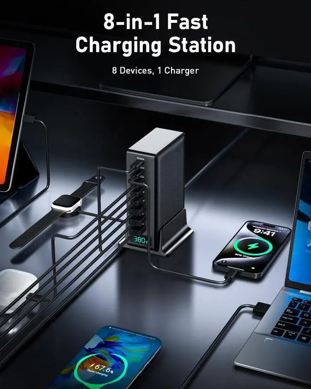 Alt view image 2 of 7 - Opprui 380w Charging Station, 8 Port GaN Fast USB C Charger Block with Dual Pd 100w for Laptop, MacBook Pro/Air, Iphone16/15/14/13, Ipad, Samsung Galaxy, Android, for Travel, Home, Office USB Charger