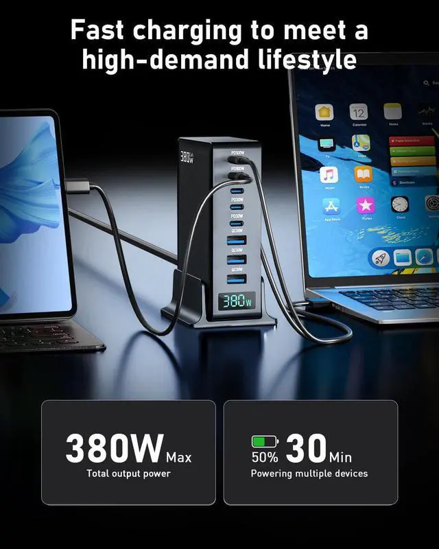 Alt view image 3 of 7 - Opprui 380w Charging Station, 8 Port GaN Fast USB C Charger Block with Dual Pd 100w for Laptop, MacBook Pro/Air, Iphone16/15/14/13, Ipad, Samsung Galaxy, Android, for Travel, Home, Office USB Charger