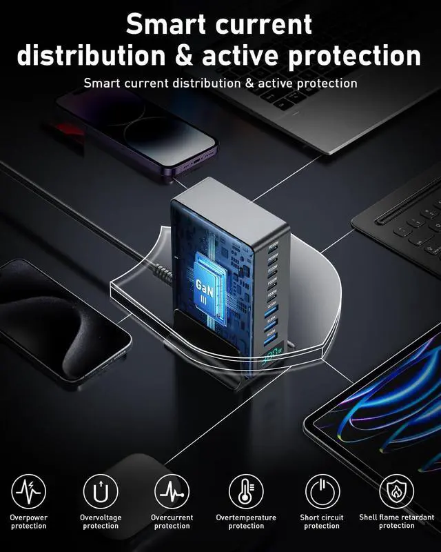 Alt view image 4 of 7 - Opprui 380w Charging Station, 8 Port GaN Fast USB C Charger Block with Dual Pd 100w for Laptop, MacBook Pro/Air, Iphone16/15/14/13, Ipad, Samsung Galaxy, Android, for Travel, Home, Office USB Charger