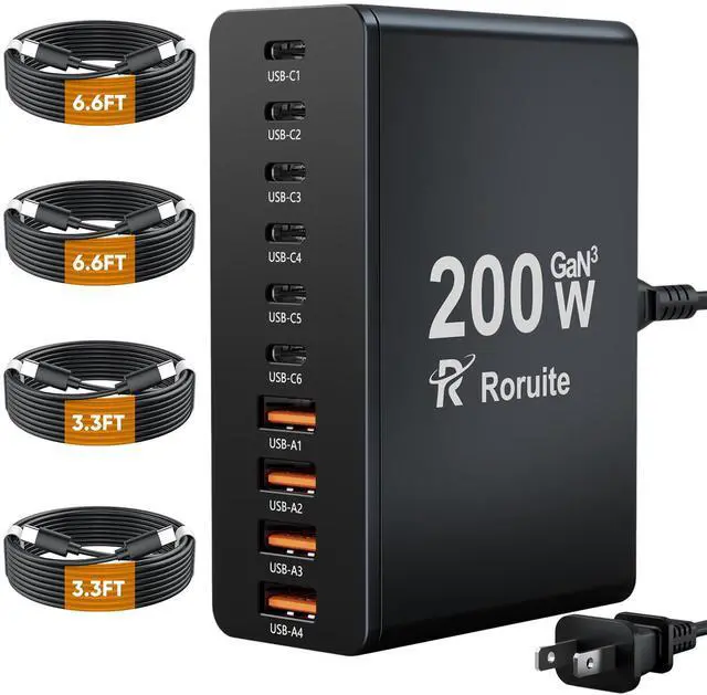 Main image of USB C Charging Station 10 Port with 4 USB Cables, 200W GaN Type C Charger Block, Wall Charger Power Strip Adapter Plug for iPad iPhone17 16 15 14 13 12 Pro Max Pixel Note Galaxy
