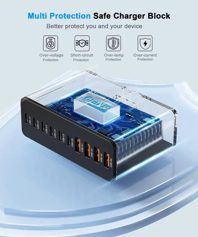 Alt view image 5 of 7 - USB C Charging Station 10 Port with 4 USB Cables, 200W GaN Type C Charger Block, Wall Charger Power Strip Adapter Plug for iPad iPhone17 16 15 14 13 12 Pro Max Pixel Note Galaxy